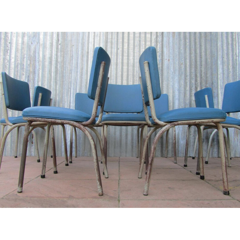 Set of 9 Tubax industrial blue chairs - 1950s