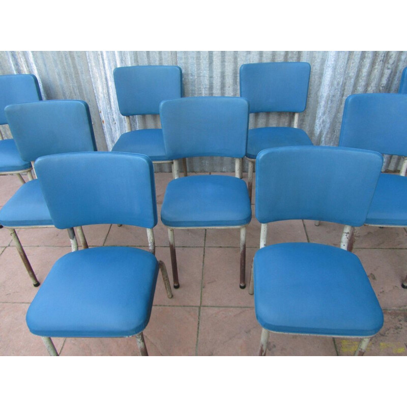 Set of 9 Tubax industrial blue chairs - 1950s