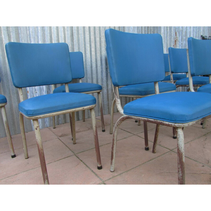 Set of 9 Tubax industrial blue chairs - 1950s