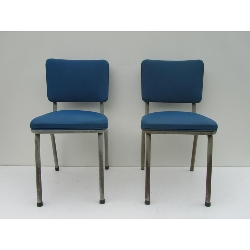 Set of 9 Tubax industrial blue chairs - 1950s