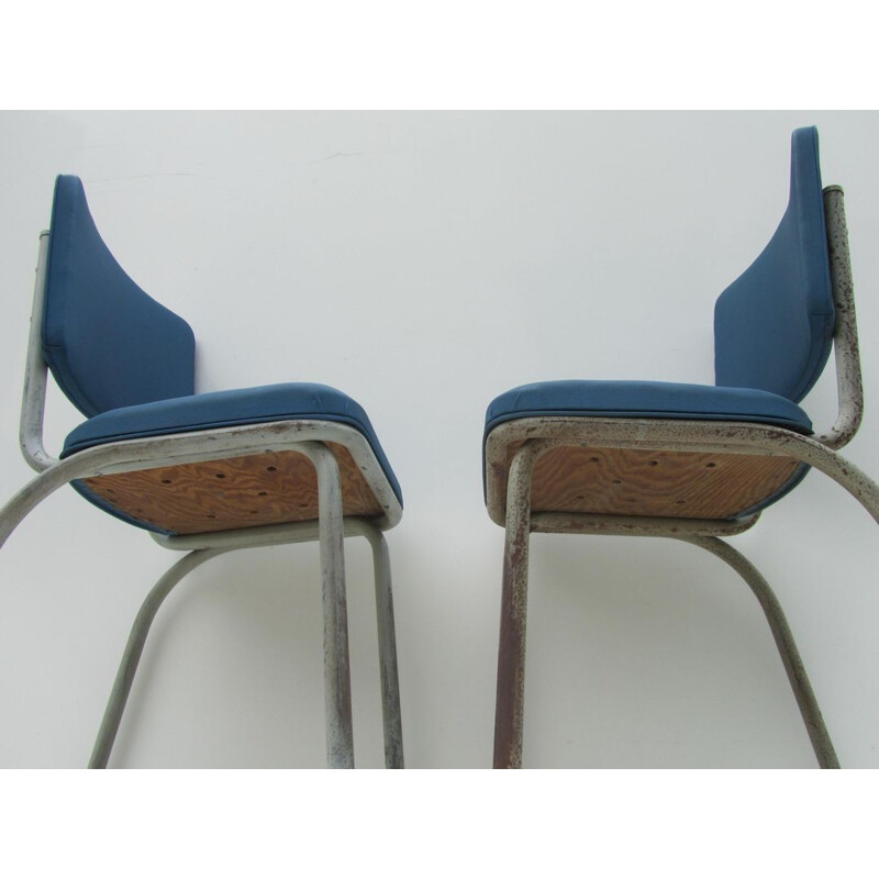 Set of 9 Tubax industrial blue chairs - 1950s