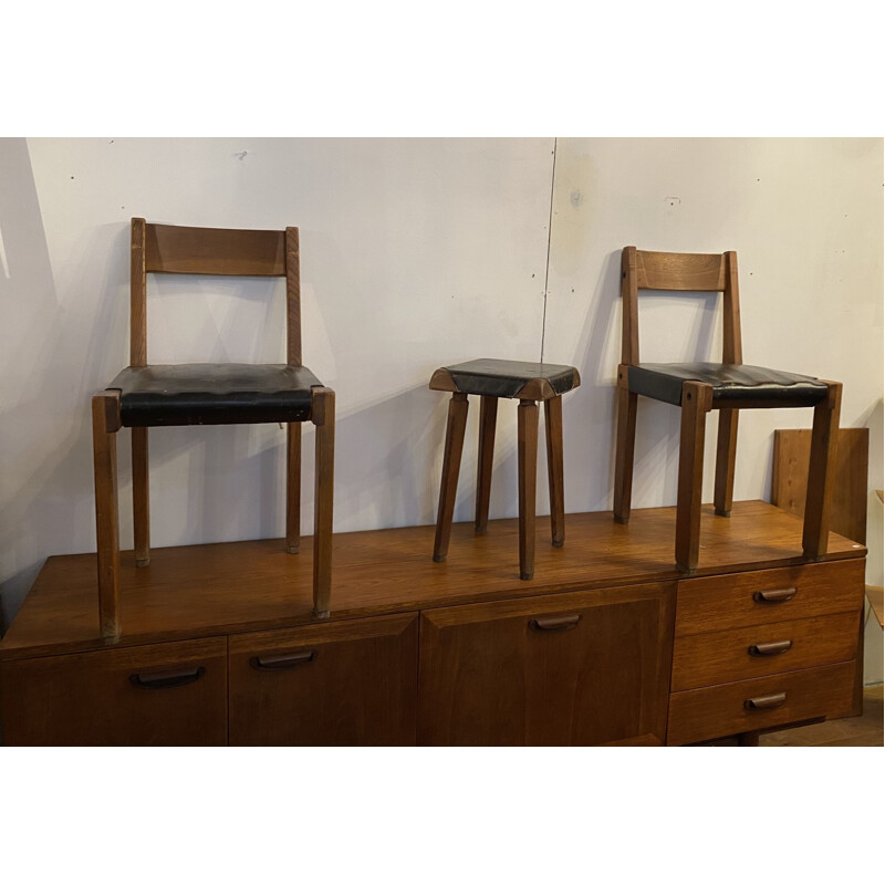 Set of 2 chairs s24 and a stool s01 vintage by Pierre Chapo
