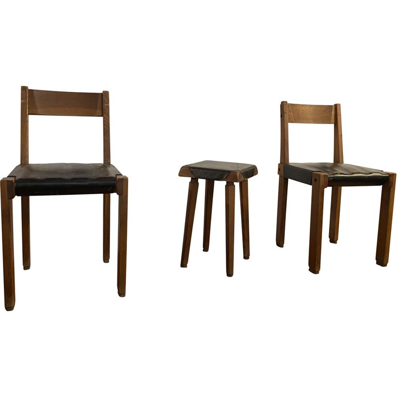 Set of 2 chairs s24 and a stool s01 vintage by Pierre Chapo