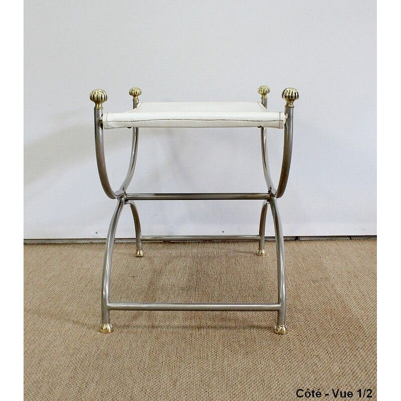 Tabouret vintage Curule en cuir blanc et acier