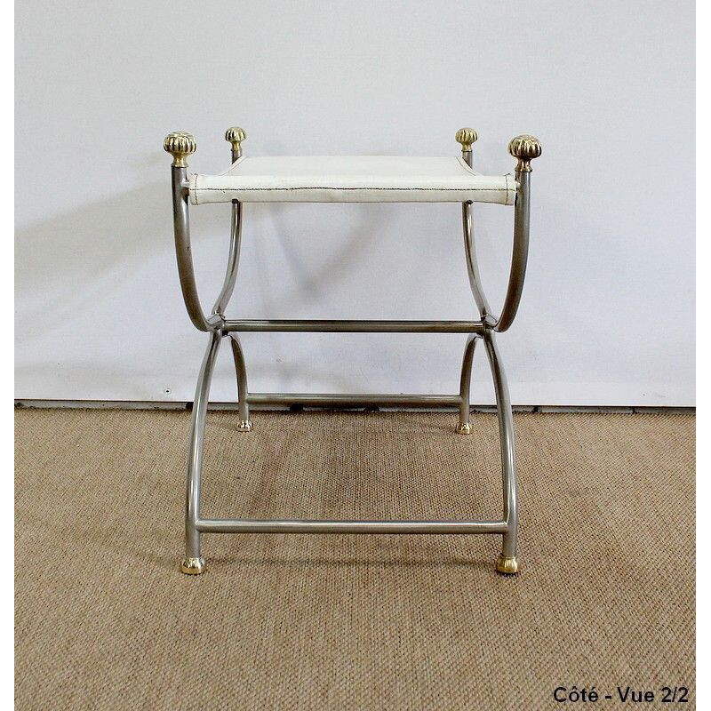 Curule vintage stool in white leather and steel