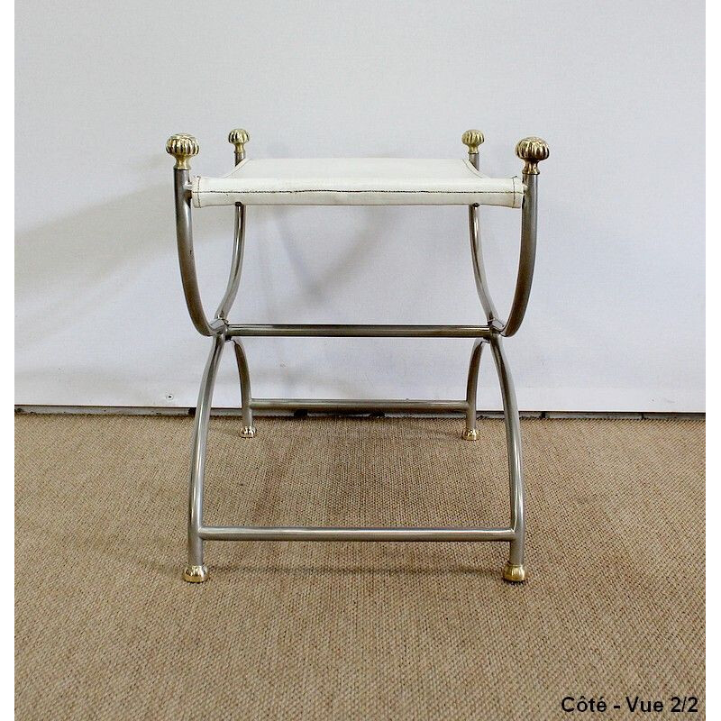 Tabouret vintage Curule en cuir blanc et acier