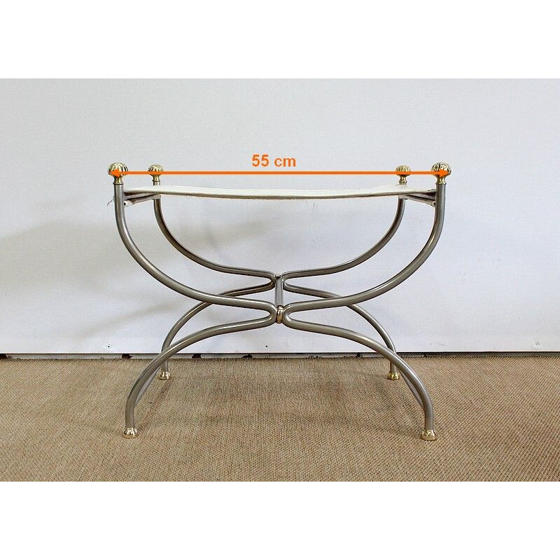 Curule vintage stool in white leather and steel