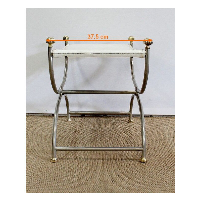 Curule vintage stool in white leather and steel