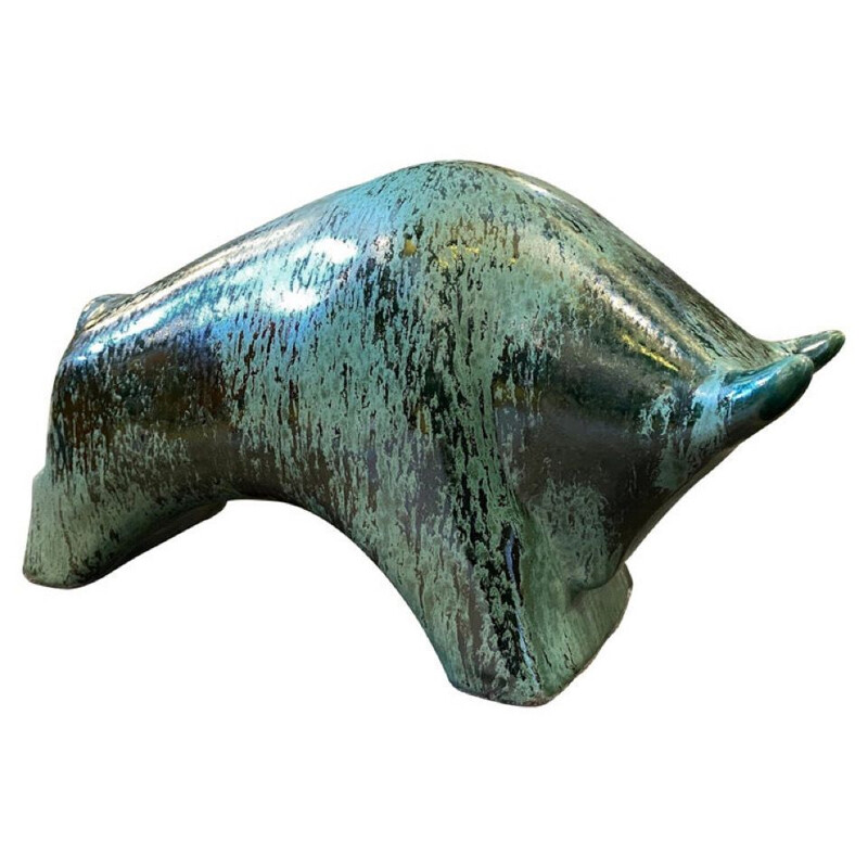 Mid-century modern fat lava green ceramic bull by Otto Keramik, Germany 1970s