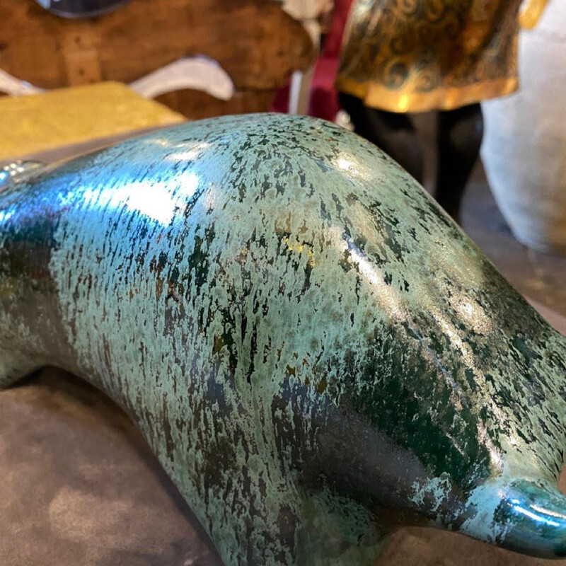 Mid-century modern fat lava green ceramic bull by Otto Keramik, Germany 1970s