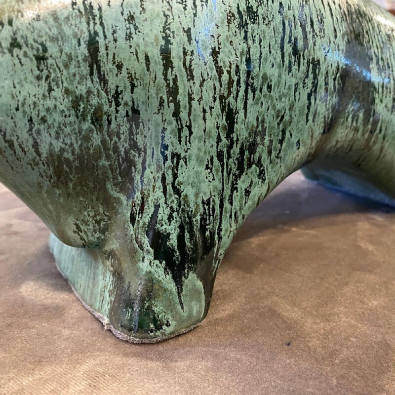 Mid-century modern fat lava green ceramic bull by Otto Keramik, Germany 1970s
