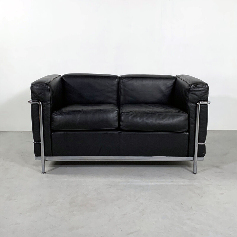 Black LC2 2-seater vintage sofa by Le Corbusier for Cassina, 1970s