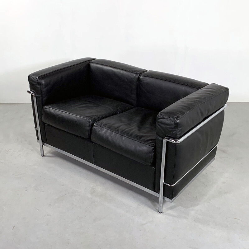 Black LC2 2-seater vintage sofa by Le Corbusier for Cassina, 1970s