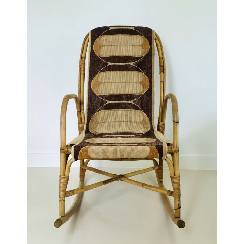 Vintage rattan and fabric rocking chair, France 1960s