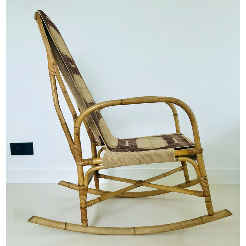 Vintage rattan and fabric rocking chair, France 1960s