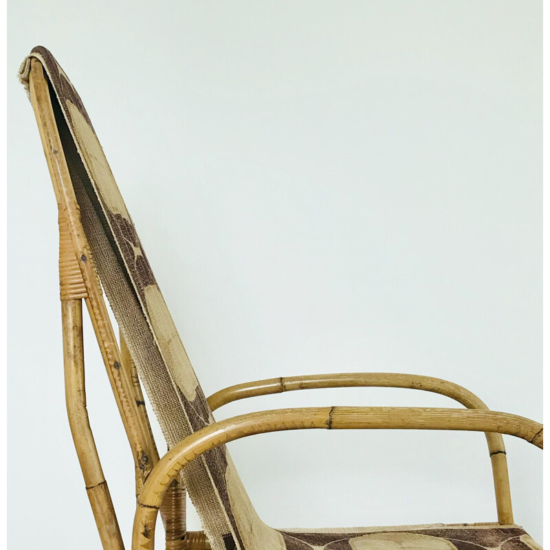 Vintage rattan and fabric rocking chair, France 1960s