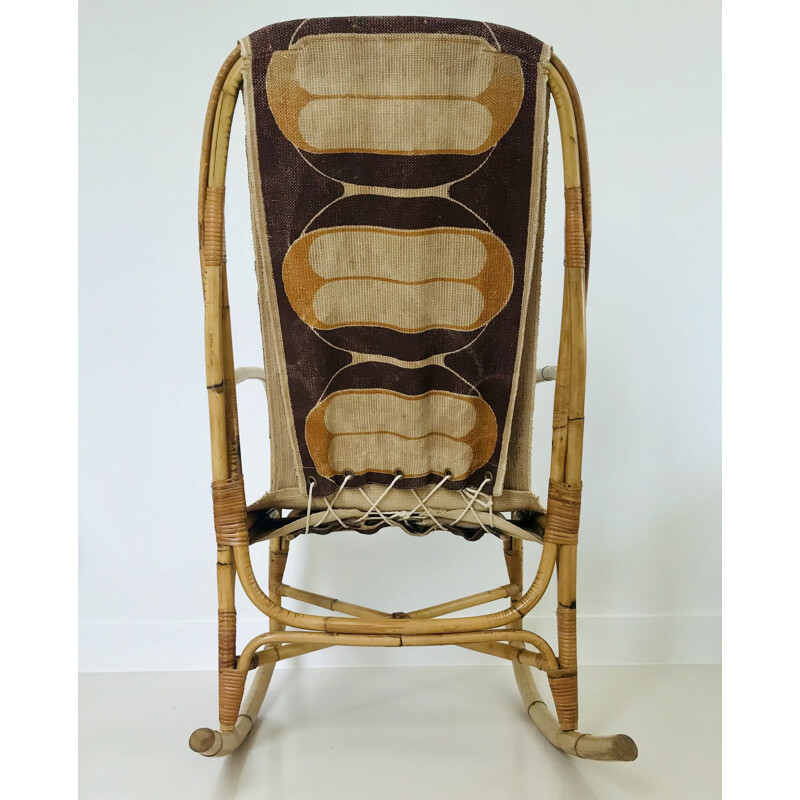 Vintage rattan and fabric rocking chair, France 1960s