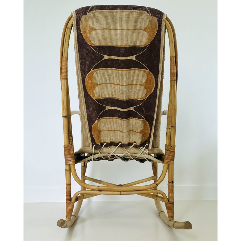 Vintage rotan en stoffen schommelstoel, Frankrijk 1960