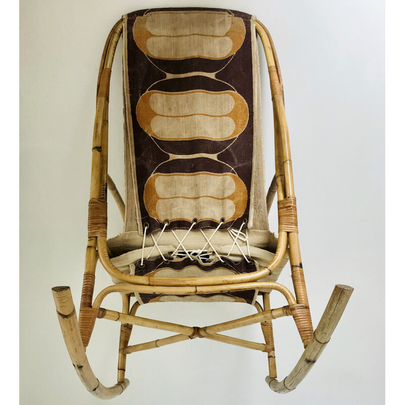 Vintage rotan en stoffen schommelstoel, 1960