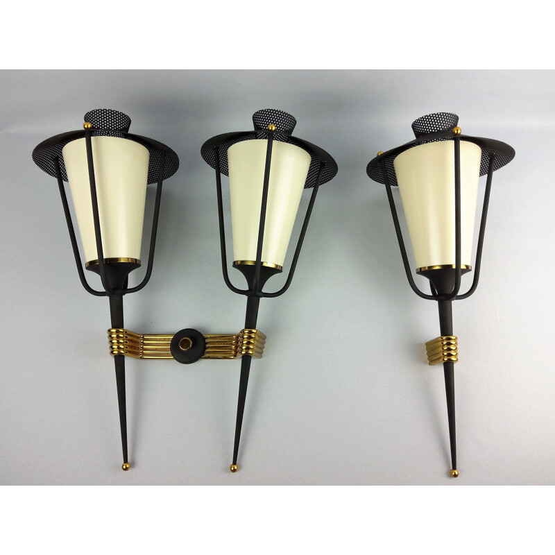 Set of 2 vintage Arlus sconces consisting of a single and a double sconce, 1950s
