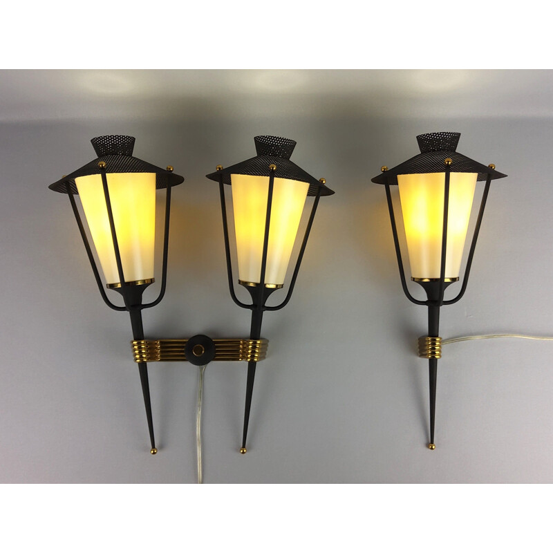 Set of 2 vintage Arlus sconces consisting of a single and a double sconce, 1950s