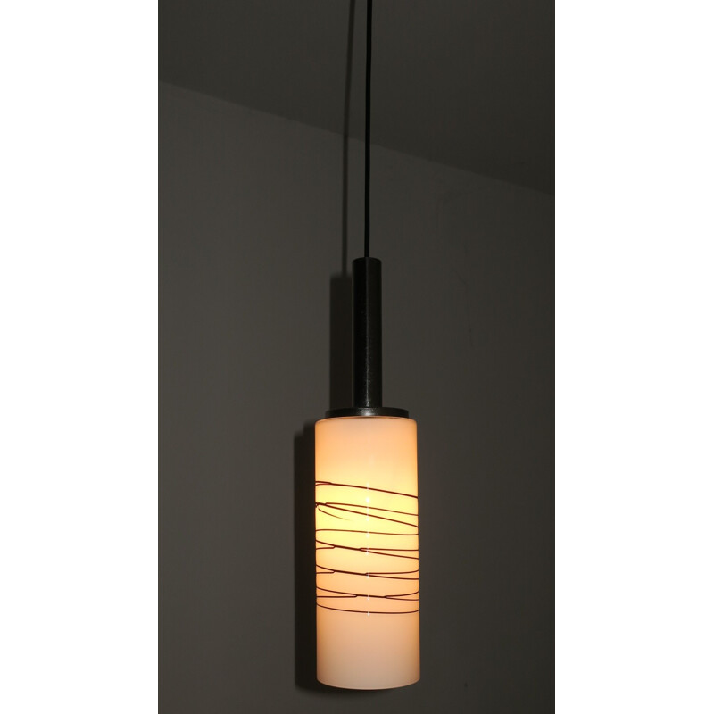 Italian opal glass hanging lamp with fine black overlay - 1960s
