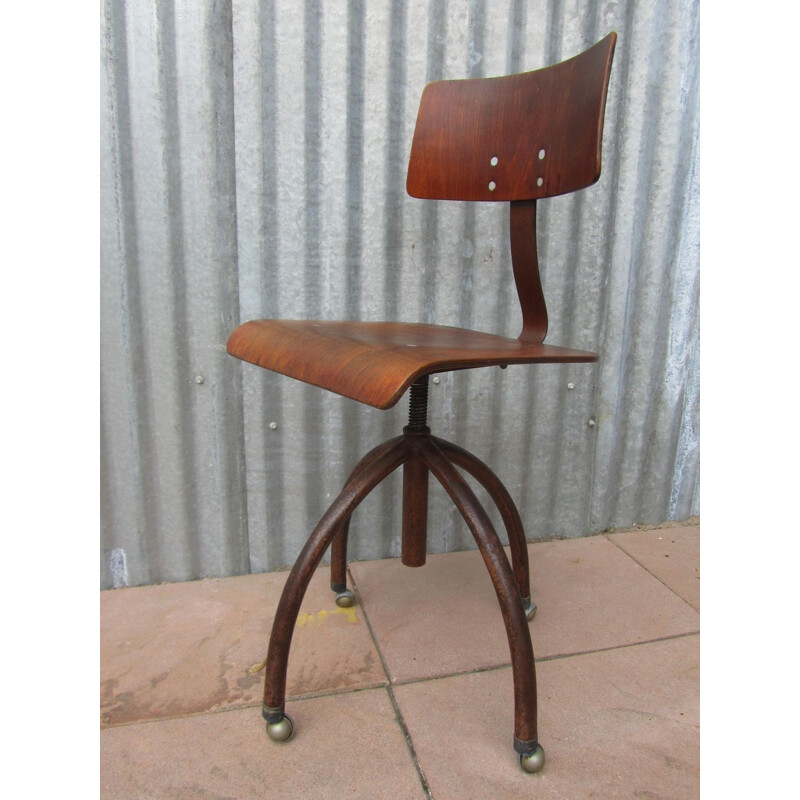 Chaise industrielle avec hauteur ajustable et roulettes - 1950