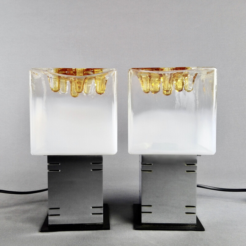 Pair of vintage cubic lamps by Gaetano Sciolari for Mazzega Murano, Italy 1960s