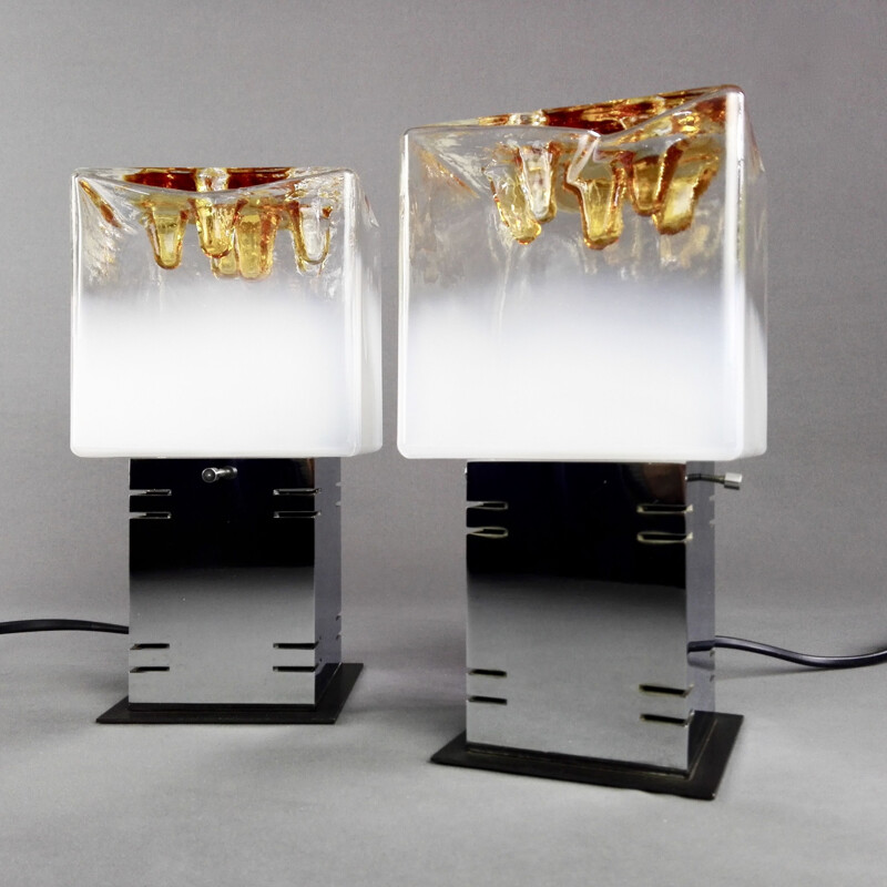 Pair of vintage cubic lamps by Gaetano Sciolari for Mazzega Murano, Italy 1960s