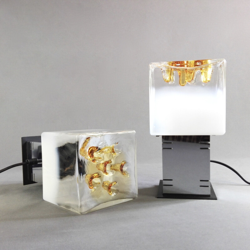 Pair of vintage cubic lamps by Gaetano Sciolari for Mazzega Murano, Italy 1960s