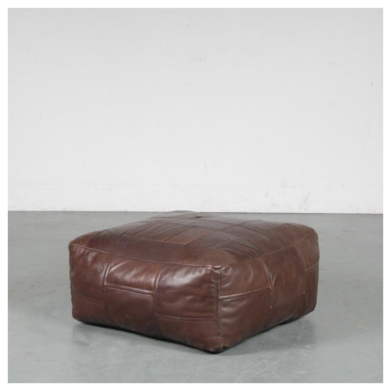 Brown patchwork leather vintage pouf by De Sede, Switzerland 1970s