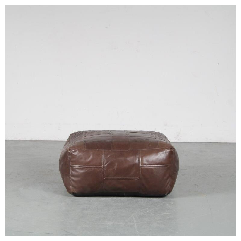 Brown patchwork leather vintage pouf by De Sede, Switzerland 1970s