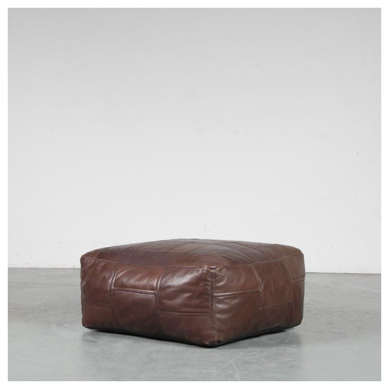 Brown patchwork leather vintage pouf by De Sede, Switzerland 1970s