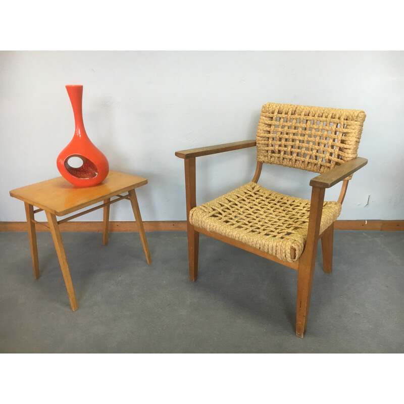 Fauteuil Vibo bridge en corde et bois, AUDOUX & MINET - 1950