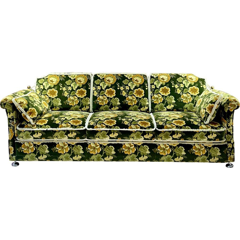 Canapé vintage 3 places en tissu velours fleuri, Hollande 1970