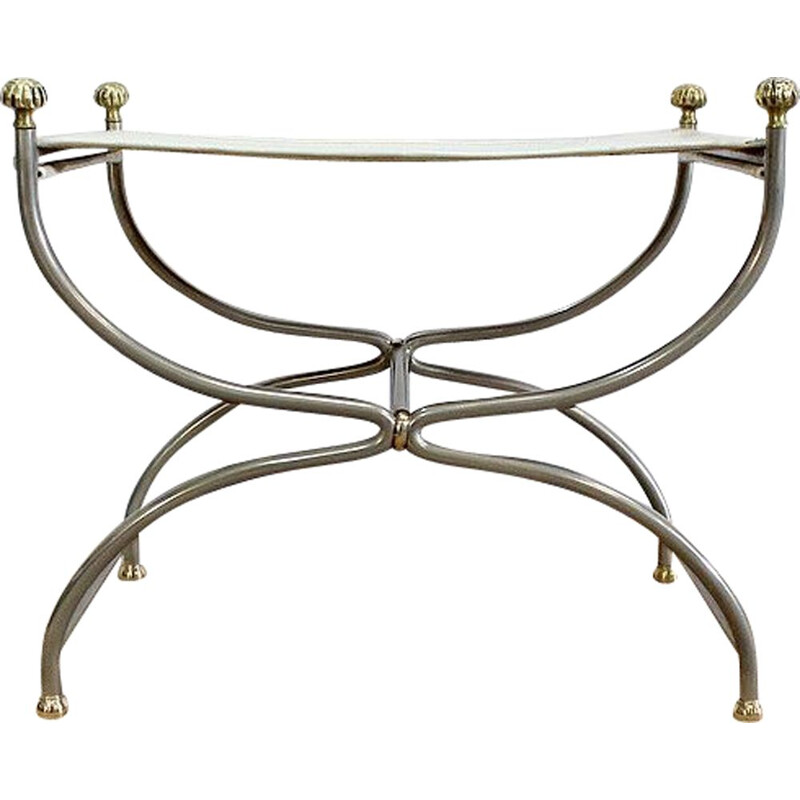 Tabouret vintage Curule en cuir blanc et acier