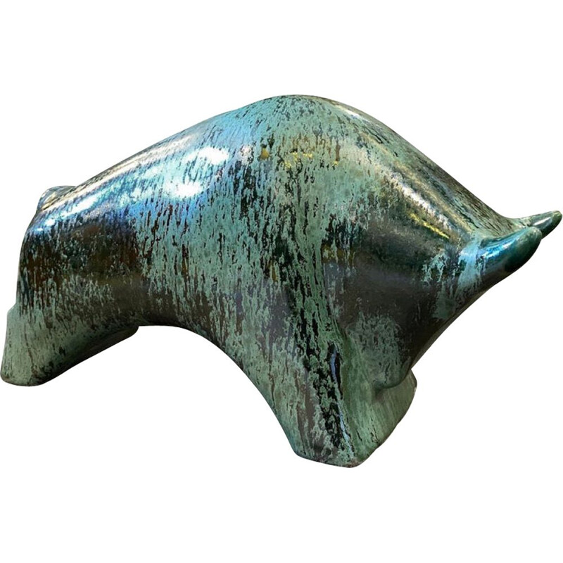 Mid-century modern fat lava green ceramic bull by Otto Keramik, Germany 1970s