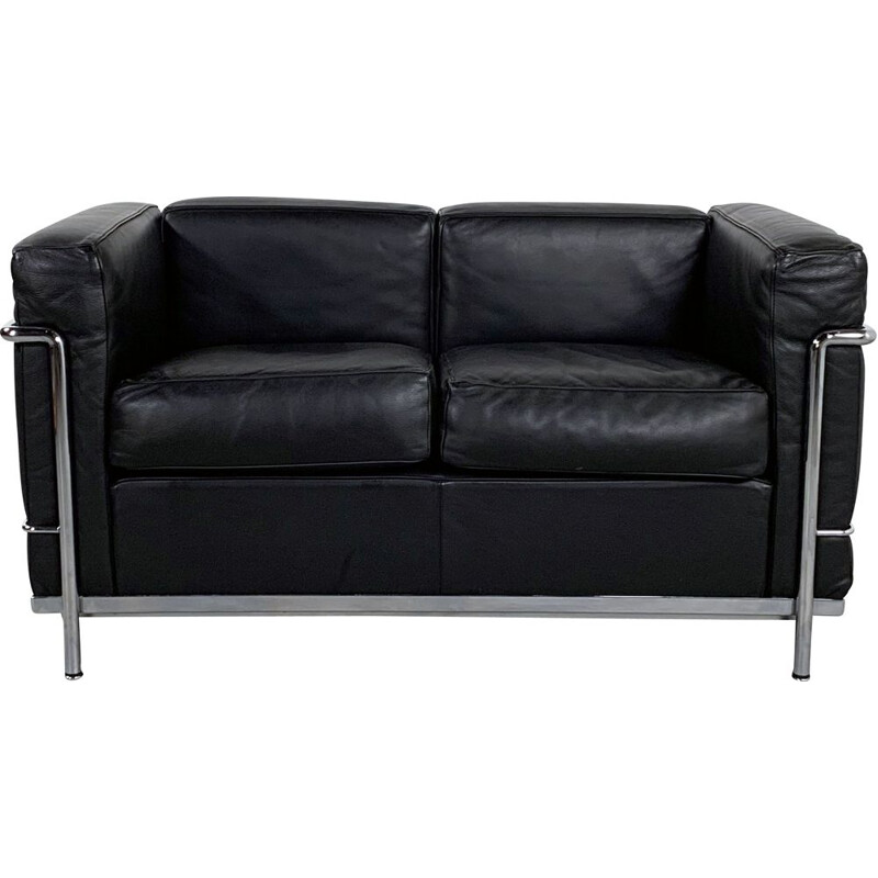 Black LC2 2-seater vintage sofa by Le Corbusier for Cassina, 1970s