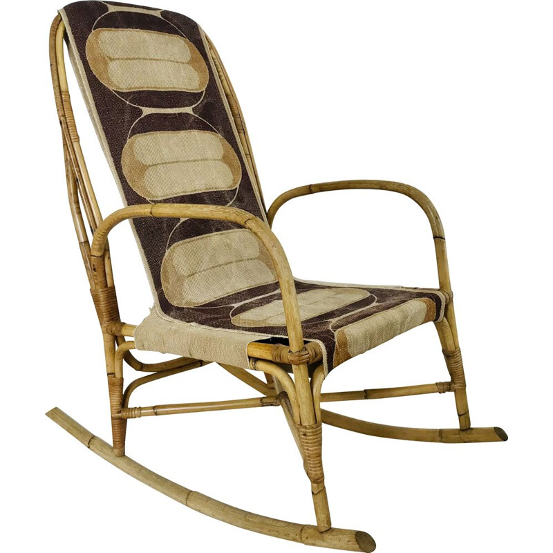 Vintage rattan and fabric rocking chair, France 1960s