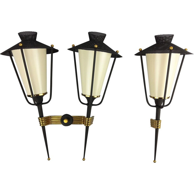 Set of 2 vintage Arlus sconces consisting of a single and a double sconce, 1950s