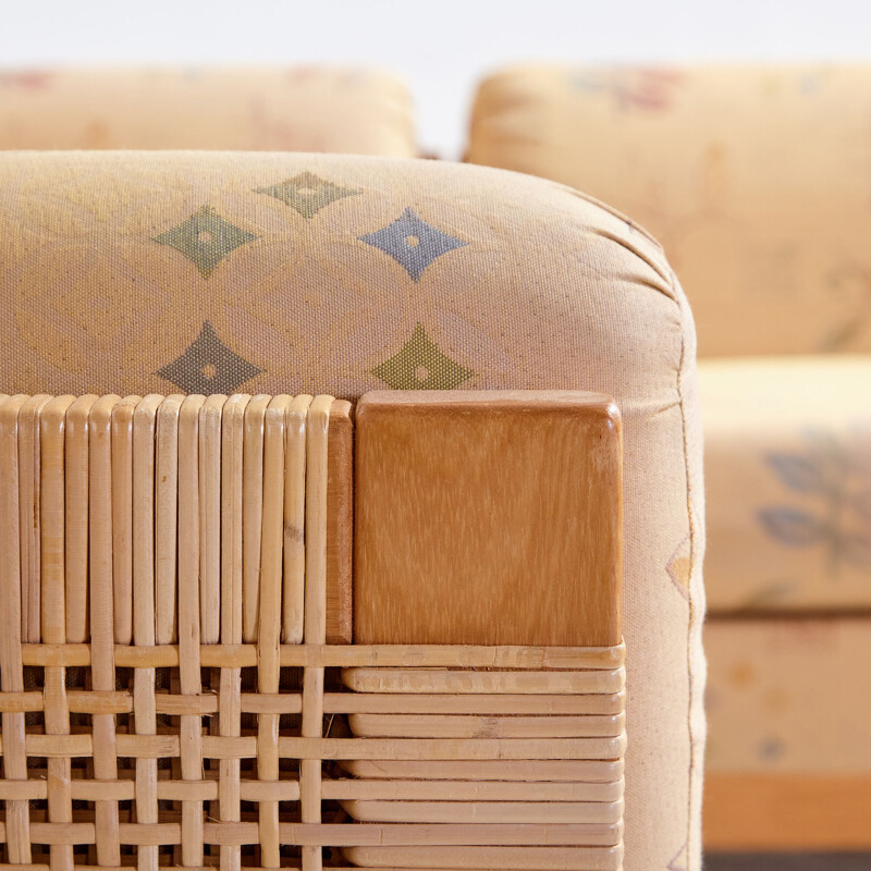 Vintage wicker and upholstered cushions corner sofa