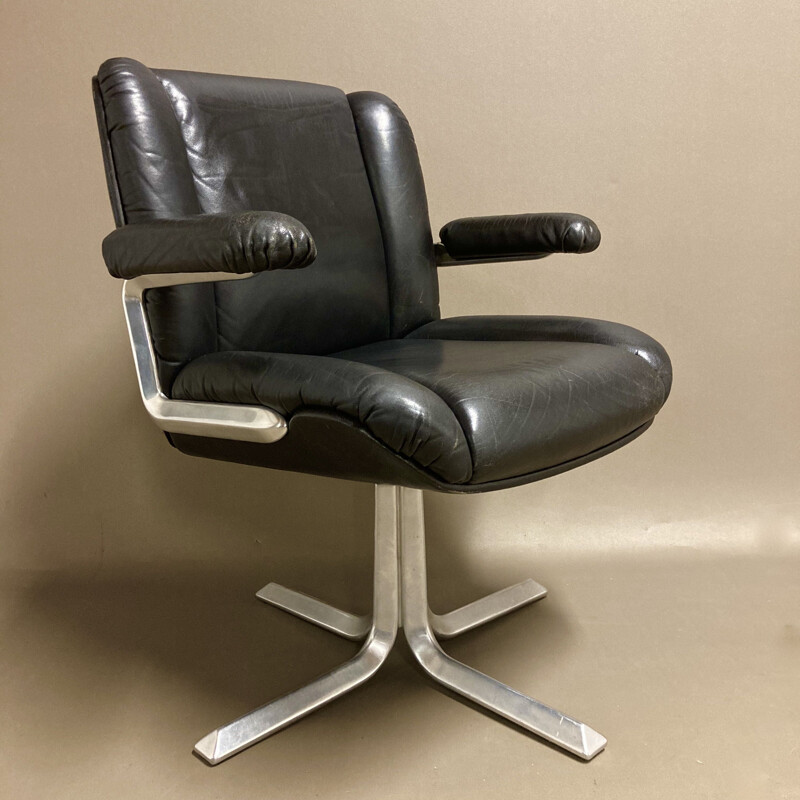 Vintage black leather and aluminium armchair, 1960s