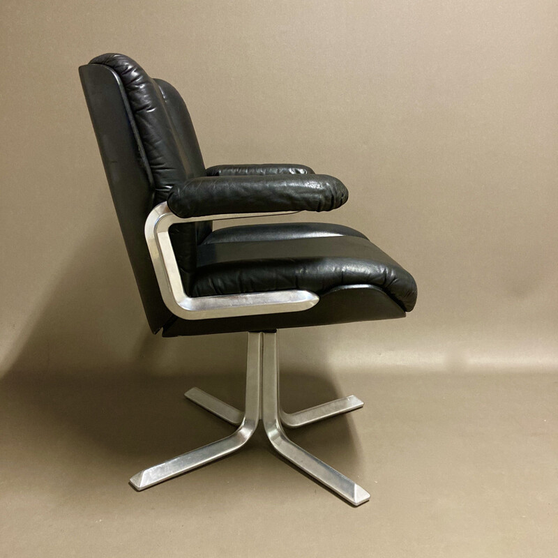 Vintage black leather and aluminium armchair, 1960s