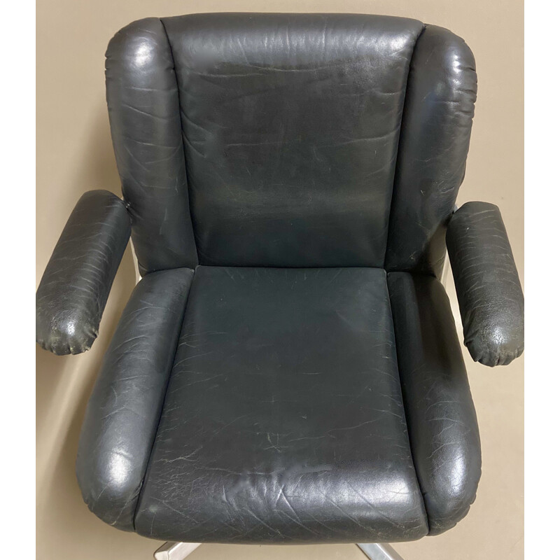 Vintage black leather and aluminium armchair, 1960s