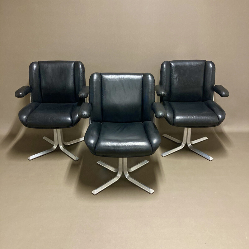 Vintage black leather and aluminium armchair, 1960s