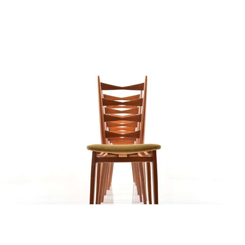 Suite de 6 chaises vintage en bois de teck et tissu - 1950