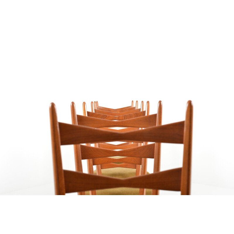 Set of 6 mid-century dining chairs in teak and beige fabric - 1950s
