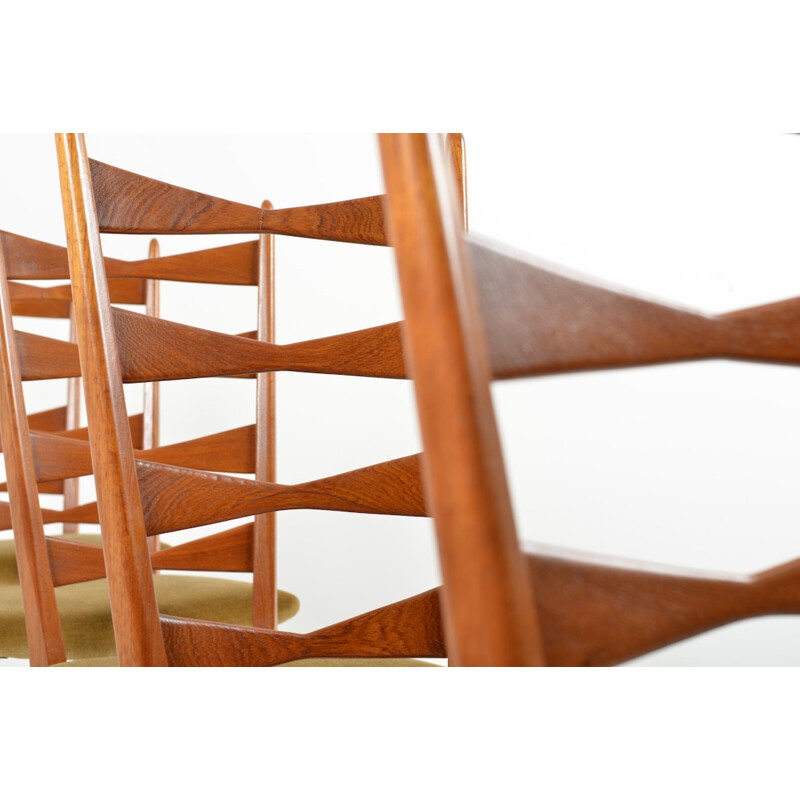 Set of 6 mid-century dining chairs in teak and beige fabric - 1950s