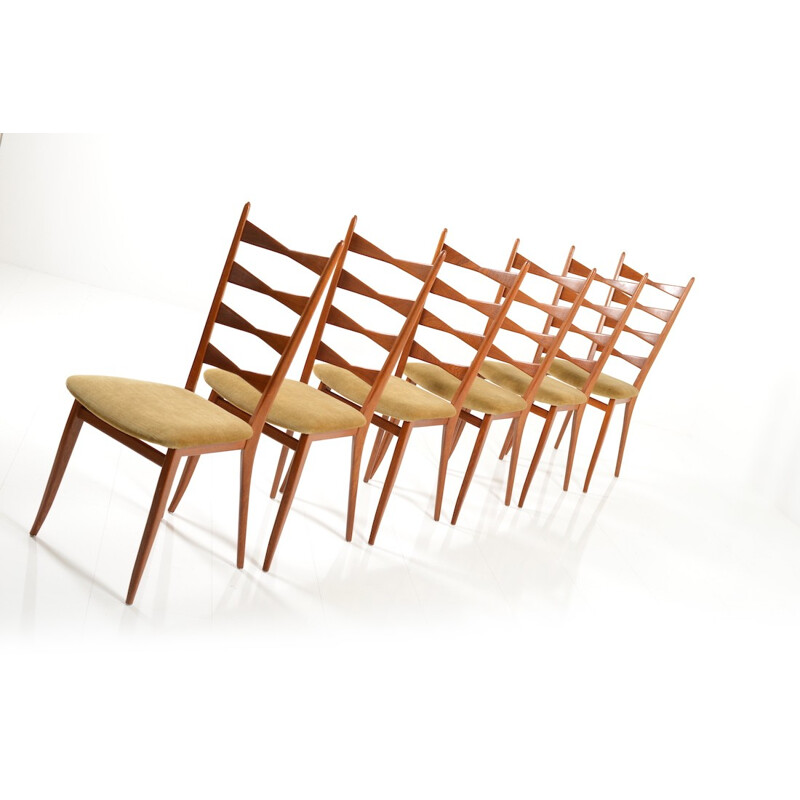 Set of 6 mid-century dining chairs in teak and beige fabric - 1950s