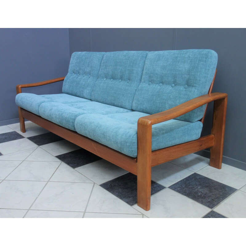 Vintage blue 3 seat teak sofa, 1960s
